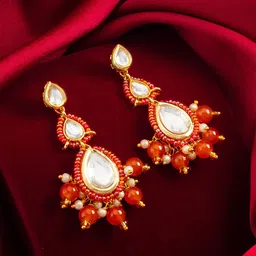 Anouk Gold-Plated Kundan Studded And Beaded Teardrop Shaped Drop Earrings-74