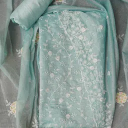 Jaipur Kurti Sea Green Floral Embroidered Tread Work Unstitched Dress Material-image-20