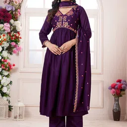 KALINI Floral Embroidered Thread Work V-Neck Empire Anarkali Kurta With Trousers & Dupatta-picture-43