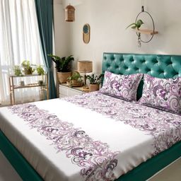 Arrabi White & Purple Ethnic Motifs 300 TC King Bedsheet with 2 Pillow Covers-image-55