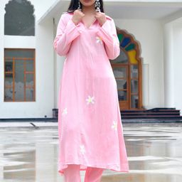 Thread & Button Floral Embroidered Regular Thread Work Pure Cotton Kurta With Trousers-24