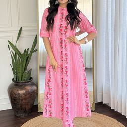 Anni Designer Floral Printed Mandarin Collar Roll-Up Sleeves A-Line Kurta With Palazzos-13