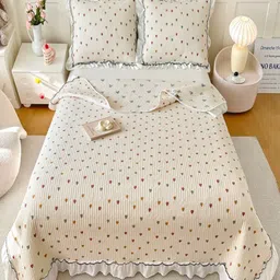 JC HOME Cream-Colored & Pink Printed Double Queen Bed Cover With Pillow Covers-17