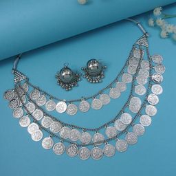 I Jewels Silver Plated Oxidised Traditional Multilayered Coin Jewellery Set-image-18