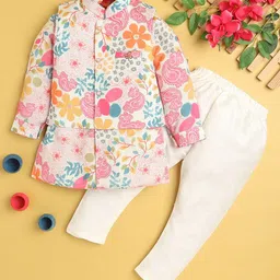 BAESD Boys Floral Printed Mandarin Collar Kurta And Pyjamas With Nehru Jacket-47