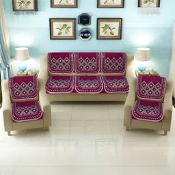 BIGGER FISH Maroon Checked Cotton Sofa Cover-image-39