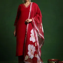 Growdamy Geometric Yoke Design V-Neck Straight Kurta & Trousers With Dupatta-picture-19