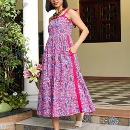 Pink Paprika by SASSAFRAS Women Printed Tie-Up Neck Fit & Flare Midi Dress-image-23