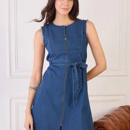 Orchid Blues Women Denim Front Zipper Shift Dress-picture-8
