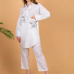 COORDSHUB Embroidered Pure Cotton Shirt Collar Top With Trousers Co-Ords Set-picture-38