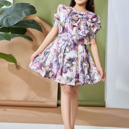Peppermint Floral Print Flutter Sleeve Chiffon A-Line Dress-13