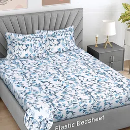FABINALIV White & Blue Floral 300 TC King Bedsheet with 2 Pillow Covers-51