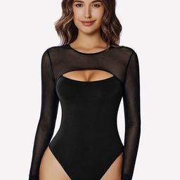 Beera Women Round Neck Sheer Bodysuit-image-11