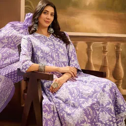 Sangria Floral Printed Pure Cotton V-Neck Anarkali Kurta Trouser With Dupatta-picture-0