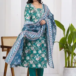 Art Avenue Floral Printed V-Neck Pure Cotton Straight Kurta With Trousers & Dupatta-picture-47