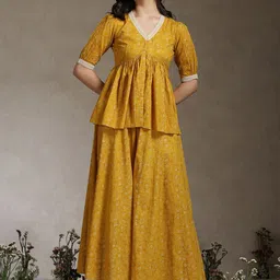 Khushal K Printed Cotton V-Neck Lace-Detailed Tunic With Palazzo Co-Ords-image-97