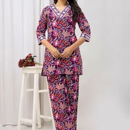 FebQ Women Floral Printed Regular Patchwork Kurti with Trousers-image-47