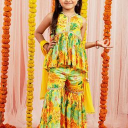 VASTRAMAY Girls Floral Printed Empire Gotta Patti A-Line Kurti with Sharara & Dupatta-image-82