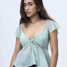 COLOR CAPITAL Women V-Neck Tie-Ups Flutter Sleeve Empire Top-image-94