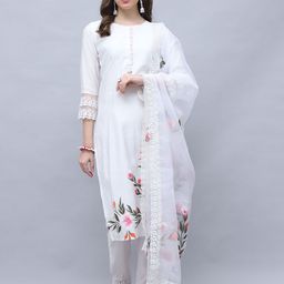 KALINI Women Floral Brush Painted Regular Kurti Set With Dupatta with Embroidered Lace-image-3