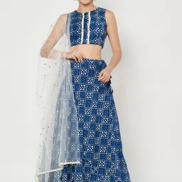 studio rasa Printed Mirror Work Block Print Ready to Wear Lehenga & Blouse With Dupatta image 1