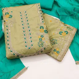 BlissFlair Floral Embroidered Thread Work Silk Unstitched Dress Material-image-45