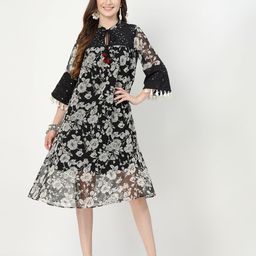 COSMIC TRIO Floral Printed Bell Sleeve Chiffon A-Line Dress-image-30