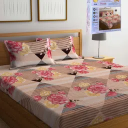 FABINALIV Pink & Black Floral 300 TC King Bedsheet with 2 Pillow Covers-80