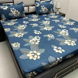 Pure Decor Blue & Yellow Floral Queen Bedsheet with 2 Pillow Covers-image-60