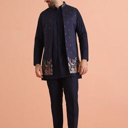 KISAH Men Embroidered Regular Fit Thread Work Kurta Nehru Jacket Trouser Set-image-71