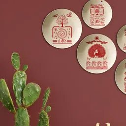 THE QUIRKY HOME Mythological Madhubani Display Maroon & Cream 5 Pcs Ceramic Wall Plates-image-45