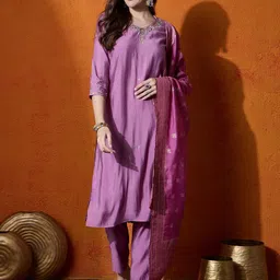 Sangria Purple Embroidered V-Neck Straight Kurta With Trousers And Dupatta-22