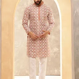 Anouk Peach Floral Embroidered Mandarin Collar Straight Kurta With Pyjamas-image-27