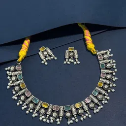 NAMAN ARTS Silver-Plated Stone Studded & Beaded Oxidised Jewellery Set-54