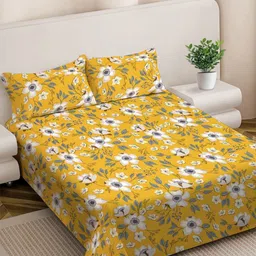 FABINALIV Yellow & White Floral 300 TC King Bedsheet with 2 Pillow Covers-picture-47