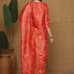 Anouk Bandhani Printed V-Neck Thread Work Kurta With Trousers & Dupatta image 3