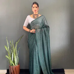 AQUILIQ Green Ombre printed saree with solid border And Chikan Kari blouse Piece-image-85