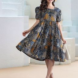 HERE&NOW Women Ethnic Motifs Printed Square Neck Pure Cotton Fit & Flare Dress-image-50