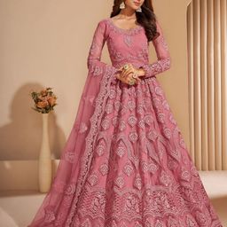 LADY SHOPI Ethnic Motifs Embroidered Net Formal Fit & Flare Maxi Dress-picture-25