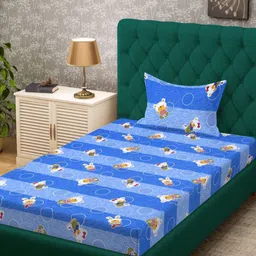 KLOTTHE Blue & White Cartoon Printed Pure Cotton 400 TC Single Bedsheet Set 2.25m x 1.50m-4