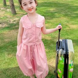 LULU & SKY Girls V-Neck Sleeveless Pure Cotton Button-up Vest With Balloon Joggers-image-56