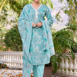 Anouk Floral Printed Thread Work Pure Cotton Straight Kurta with Trousers & Dupatta-picture-17