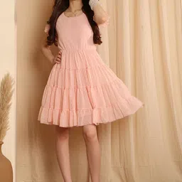 NEUDIS Women Solid Round Neck Chiffon A-Line Dress-picture-56