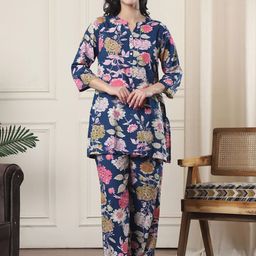Indreams Women Printed Mandarin Collar Pure Cotton Night suit-picture-53