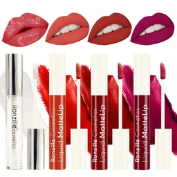 Ronzille Set of 4 Non Transfer Liquid Matte Lipstick with Lip Gloss 5 ml each - Red image 5