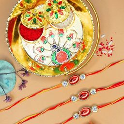 Anouk Set Of 3 Stone Studded Rakhi & Greeting Card With Pooja Thali-4