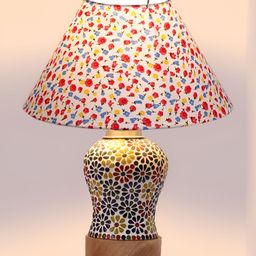 Devansh White Printed Traditional Frusturical Shaped Wooden Table Lamp & Mosaic Glass-58