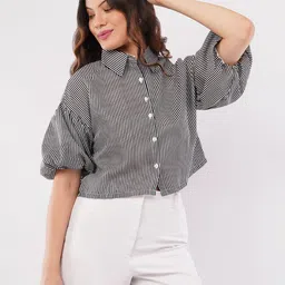 Deshi Girl Women Striped Puff Sleeve Shirt Style Crop Top-picture-40