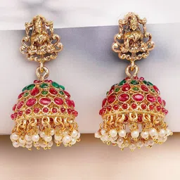 KARATCART Gold-Plated Stone Studded & Beaded Laxmi Mata Design Jhumkas-49