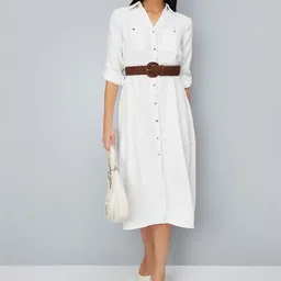 max Women Roll-Up Sleeves Utility Pockets Shirt Midi Dress With Belt-image-78
